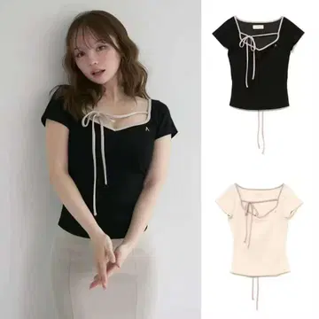 Andmary 리본 포함 블랙 반팔 상의 F 사이즈