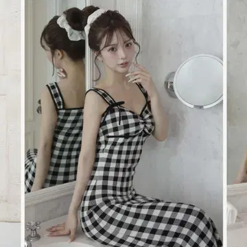 다리치 깅엄 자카드 니트 롱 원피스