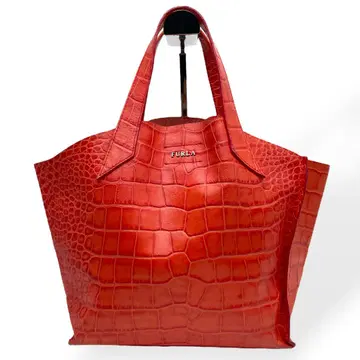 컨디션 최상 FURLA 훌라 핸드백 버밀리언 주홍색 계열 악어 엠보싱