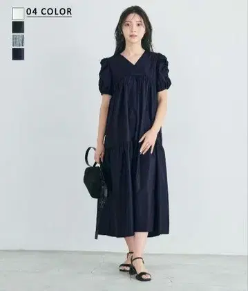 베이스먼트 온라인 퍼프 슬리브 롱 원피스 네이비