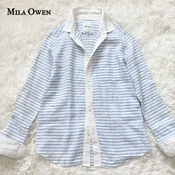 Mila Owen 린넨 셔츠 M 상당 화이트 & 블루 보더