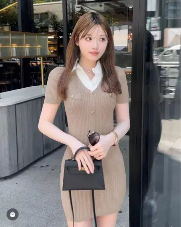 베이지 리브 니트 원피스 반팔