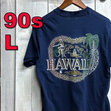 L 90s 티셔츠 하와이 패턴 네이비 포켓 티셔츠 포켓 티 미미 포함