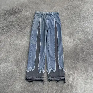 00's 빈티지 리컨스트럭션 데님 와이드 팬츠 프린지 그런지 y2k