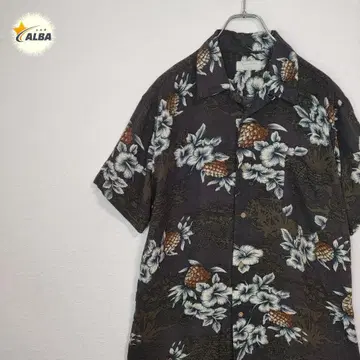 알로하 셔츠 하와이안 패턴 하이비스커스 빈티지 브라운 오픈 카라 L