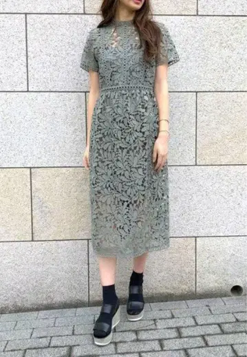 렉시 / 카키 레이스 반팔 롱 원피스