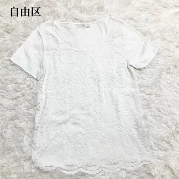 자유구 반팔 티셔츠 블라우스 레이스 꽃무늬 이소재 화이트 심플 깔끔한