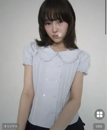 NUGU haku 하트 버튼 레이스 퍼프 블라우스