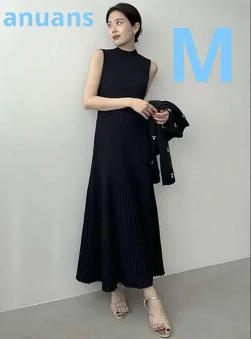anuans 세미 머메이드 리브 니트 원피스 네이비