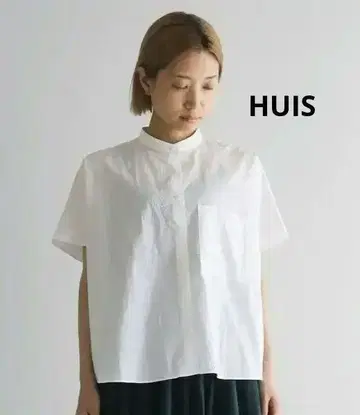 1572 HUIS 코드 레인 밴드 카라 반팔 와이드 블라우스 (화이트)