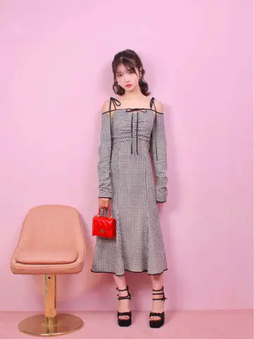 gingham 체크 패턴 앙상블 롱 드레스 M 사이즈