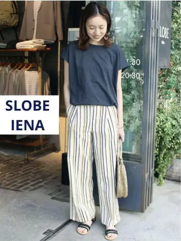 SLOBE IENA 멀티 스트라이프 세미 와이드 팬츠