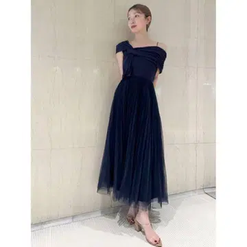SNIDEL/컷 콤비 튤 드레스 롱 원피스 네이비