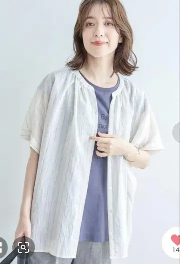 스튜디오 클립 린넨 혼합 스트라이프 하프 슬리브 셔츠 화이트