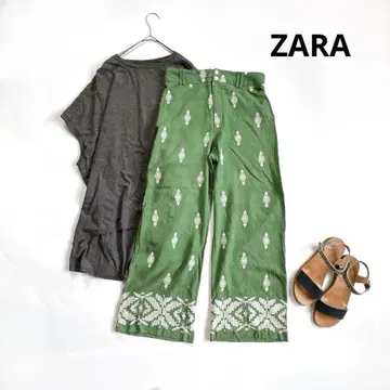 ZARA 린넨 혼방 와이드 팬츠 자수 장식 그린 계열 S 사이즈 보헤미안