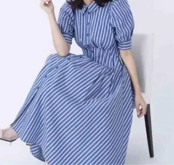 앙데팡당 허리 턱 스트라이프 셔츠 원피스