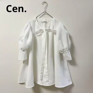 Cen. 블라우스 여성용 상의 보타이 와플 퍼프 슬리브 화이트