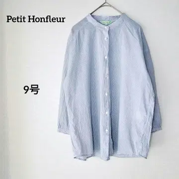 쁘띠온플뢰르 7부 소매 밴드 카라 셔츠 블라우스 스트라이프 블루 9