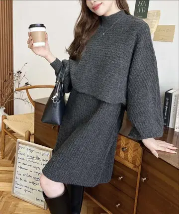 알파카 터치 하이넥 숏 기장 풀오버 & 슬리브리스 원피스 그레이