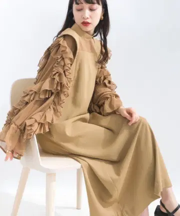 terrace 포멀 결혼식 프릴 시어 슬리브 원피스 베이지