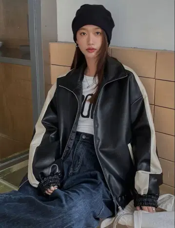 합성 피혁 자켓 블랙/아이보리