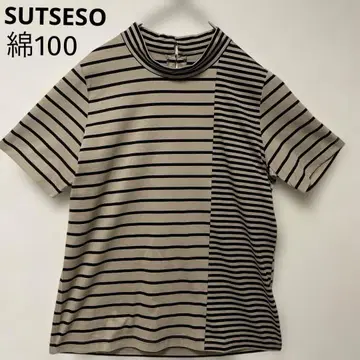 새상품 SUTSESO 스트라이프 하이넥 티셔츠 면 100% 일본제 LL