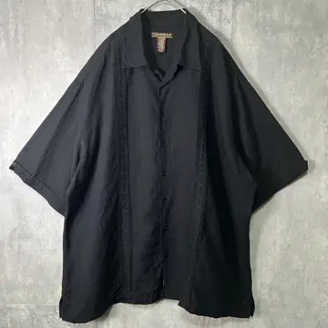 고급 린넨 레이온 쿠바 셔츠 턱 올 블랙