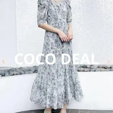 COCO DEAL 빈티지 플라워 개더 슬리브 원피스 꽃무늬 그린