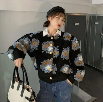 꽃무늬 보아 니트 가디건 레트로 긴팔 K-패션