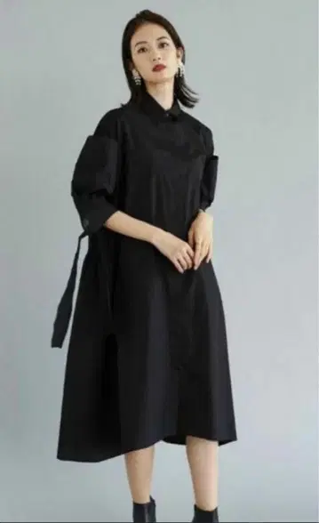 resil 리본 디자인 롱 셔츠 원피스 펄 버튼 블랙 검정 플레어