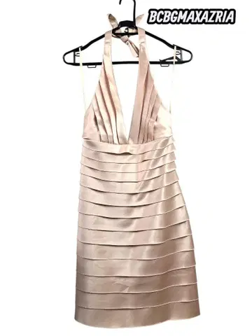 BCBGMAXAZRIA 샴페인 티어드 새틴 홀터 미니 드레스 sz0
