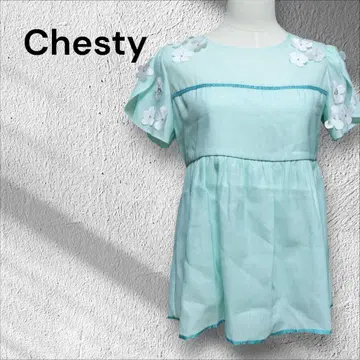 Chesty 플라워 자수 민트 그린 반팔 블라우스 꽃