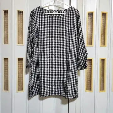 fog linen work 체크 7부 소매 셔츠 튜닉 기장