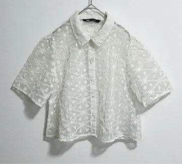 ZARA 자라 세미 시어 자수 셔츠 화이트 비침 꽃무늬 올 패턴