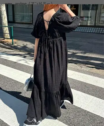 앤도미 시어 체크 볼륨 소매 롱 원피스 블랙 M