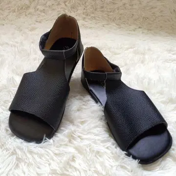 FASHION 가죽 오픈토 샌들 블랙 부드러운 와이드 주름 가죽