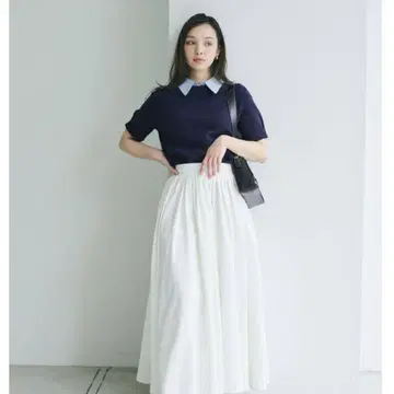 베이스먼트 온라인 네이비 카라 부착 반팔 니트 탑 2way 디자인