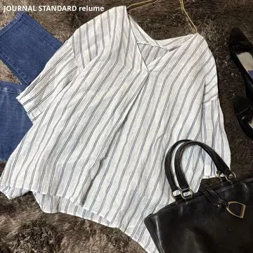 새상품급 저널 스탠다드 레리움 린넨 100 블루 스트라이프 블라우스