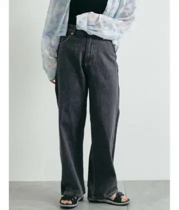 Samansa Mos2 팬츠 데님 배색 라인 팬츠 블랙 M 사이즈