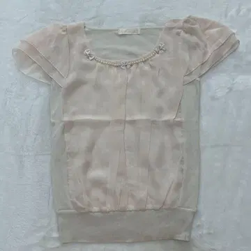 베이지 반팔 쉬폰 블라우스 프릴