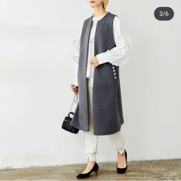 플라네 포켓 펄 장식 롱 베스트 베스트 그레이
