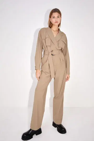 Zara 여성용 롱 점프 수트 포켓 부착 카멜