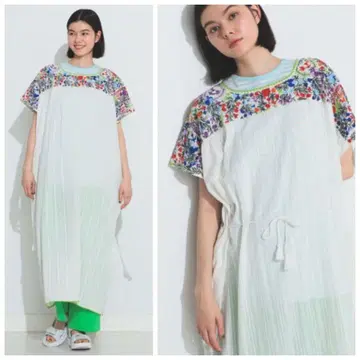 빔즈 보이 화이트 꽃무늬 자수 반팔 원피스