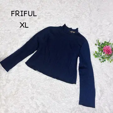 FRIFUL XL 네이비 하이넥 리브 스웨터 로고 자수 코튼