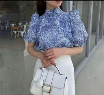 새상품급 SNIDEL 프린트 하프 슬리 오간자 시스루 블라우스