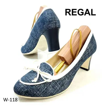 22.5 REGAL 펌프스 와이드 힐 아몬드 토 데님 화이트 리본 파랑