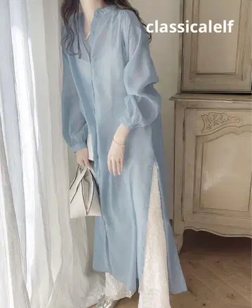 클래식 엘프 밴드 카라 사이드 슬릿 셔츠 원피스, 성숙한 페미닌