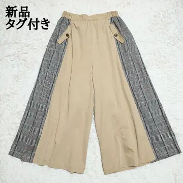 새상품 누아르 라벨 체크 절개 와이드 팬츠 가우초 팬츠 베이지