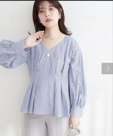 osono 턱 디자인 페플럼 블라우스 스트라이프 패턴 긴팔