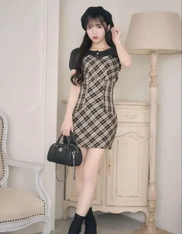 미셸 마카롱 앙상블 체크 원피스
